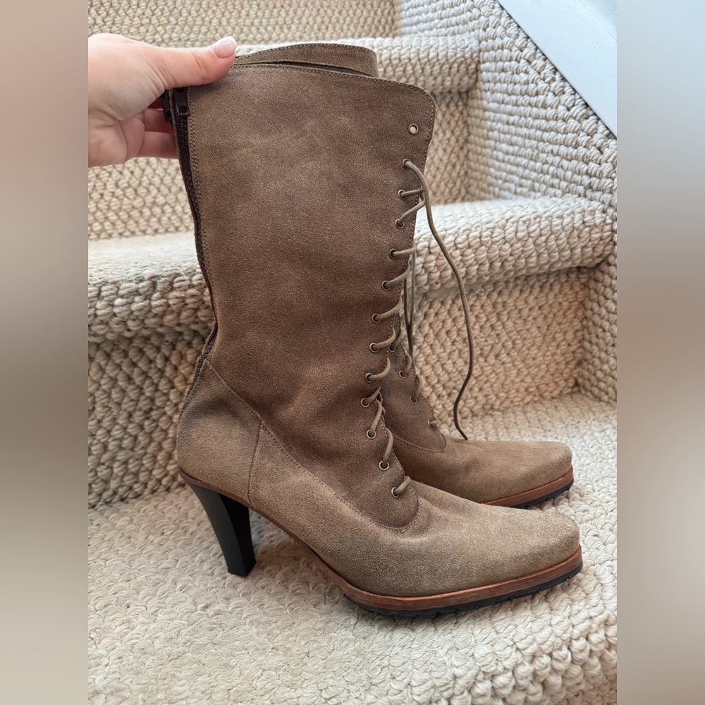 Brown Suede Lace-Up Heeled Boots
